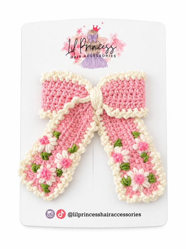 Pink Floral Crochet Bow Hair Clip