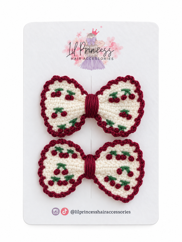 Burgundy and Cream Floral Crochet Hair Bow shown together