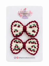 Burgundy and Cream Floral Crochet Hair Bow shown together