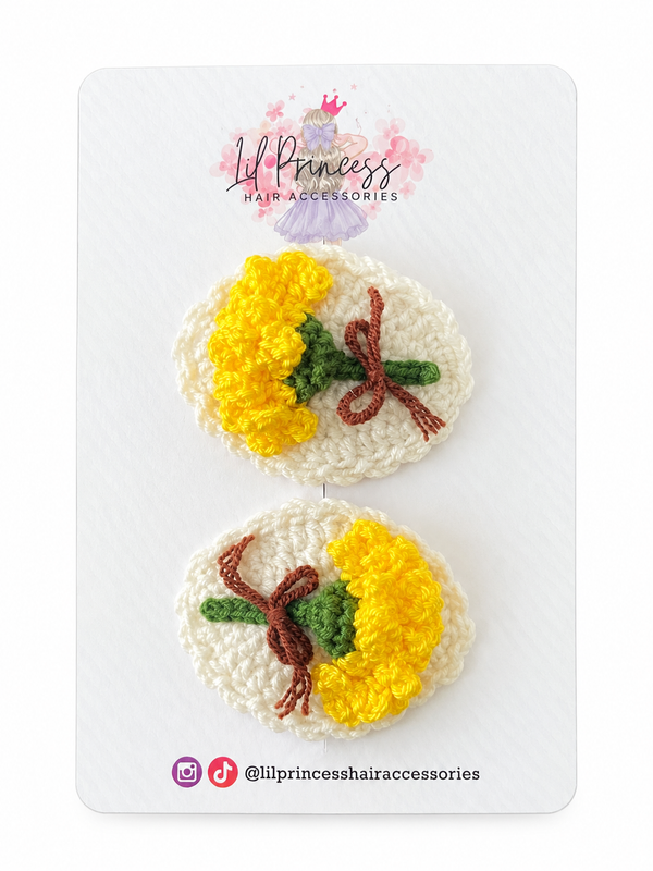 Yellow Flower Crochet Hair Clips shown together