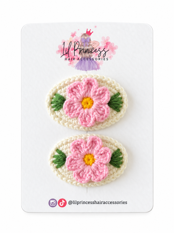 Pink Daisy Crochet Hair Clips shown together