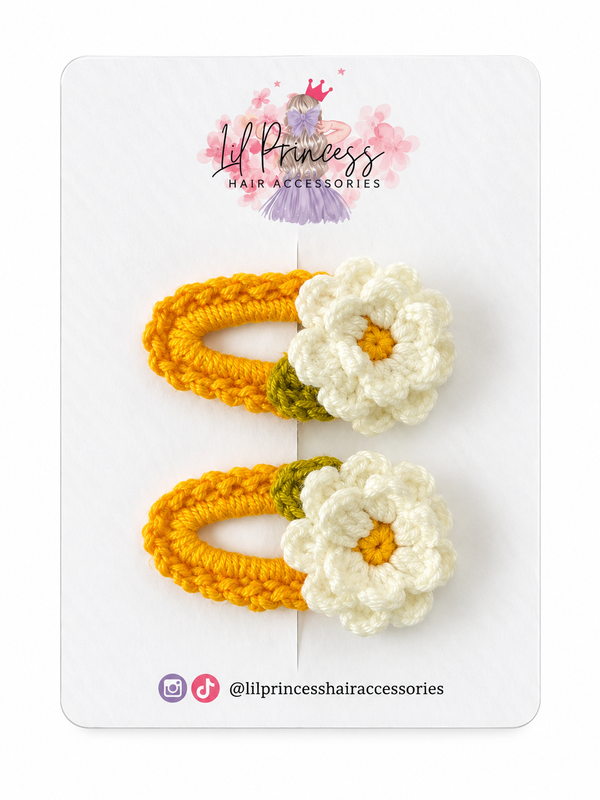 Mustard Yellow Daisy Crochet Hair Clips shown together