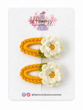 Mustard Yellow Daisy Crochet Hair Clips shown together