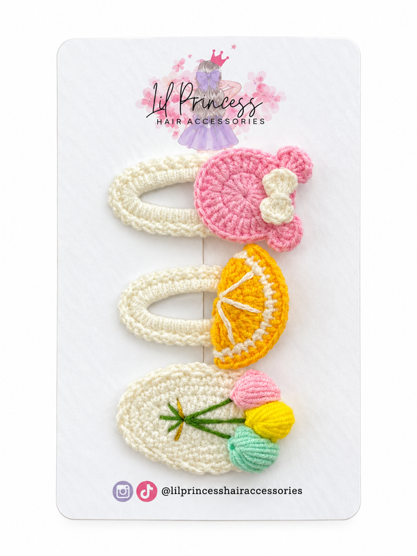 Fruit and Flower Crochet Hair Clip Set - 3 Pieces