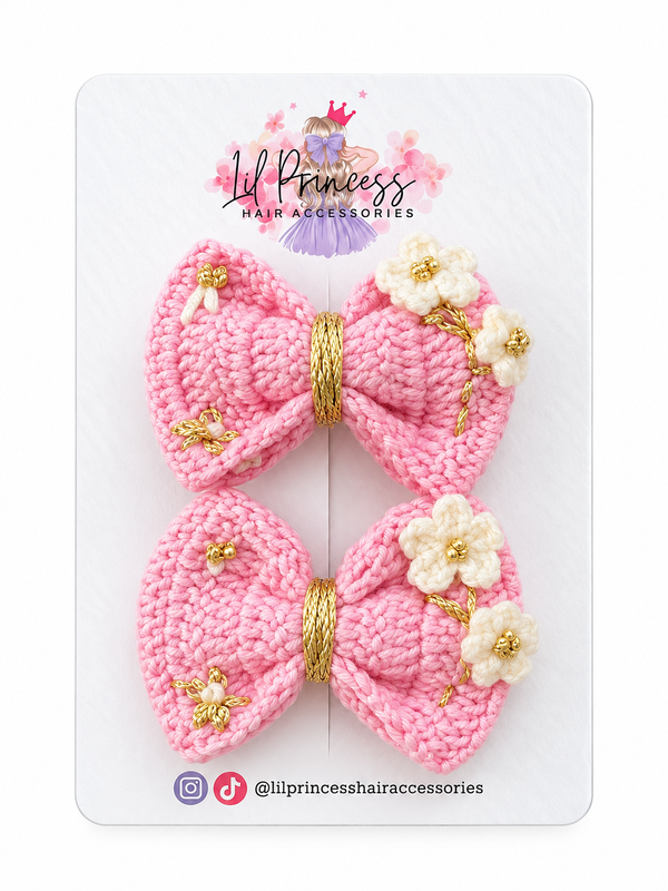 Pink Crochet Hair Bow with Cream Flowers shown together