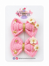 Pink Crochet Hair Bow with Cream Flowers shown together