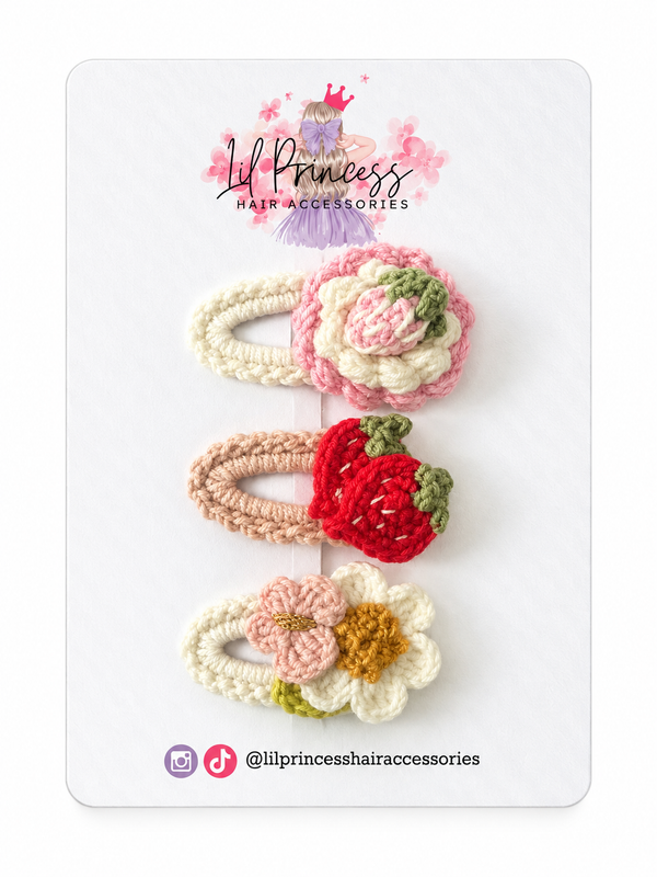 Crochet Flower Hair Clip Set - 3 Pieces