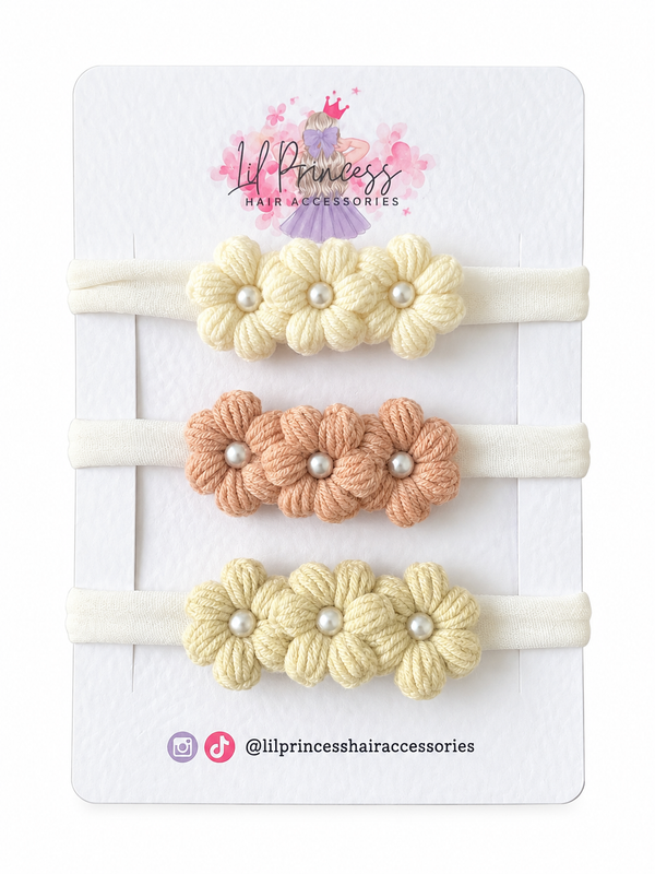 Neutral Floral Crochet Headband Set - 3 Pieces