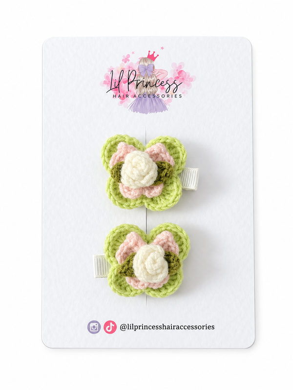Mini Crochet Rose Hair Clip with Green Petals shown together