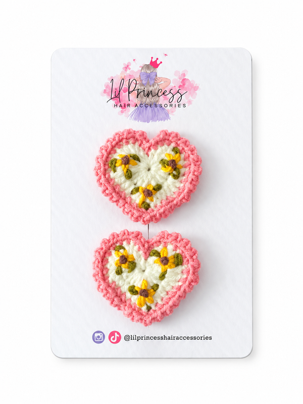 Pink Floral Heart Crochet Hair Clip shown together