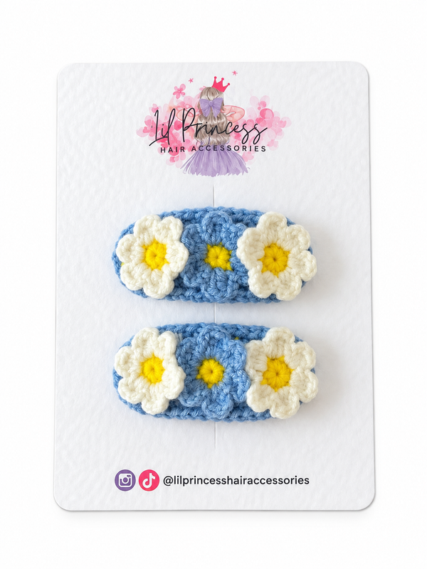 Blue Crochet Daisy Hair Clips shown together