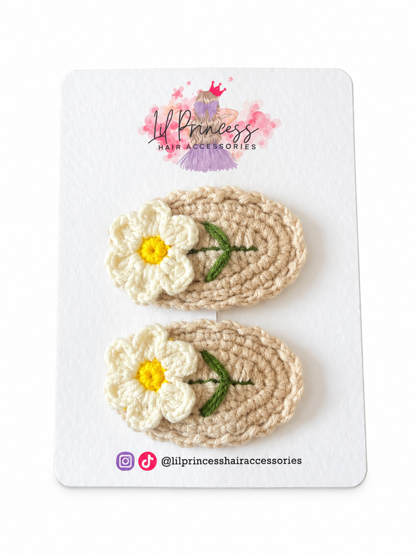 Beige Crochet Daisy Hair Clips shown together