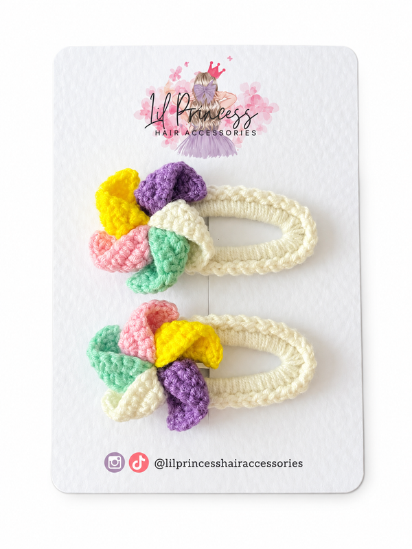Multicoloured Crochet Heart Hair Clips shown together