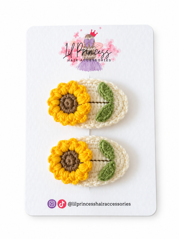 Cream Crochet Sunflower Hair Clips shown together
