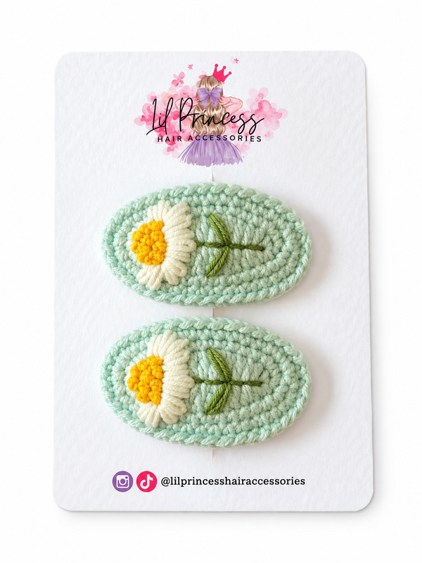 Mint Green Crochet Daisy Hair Clips shown together