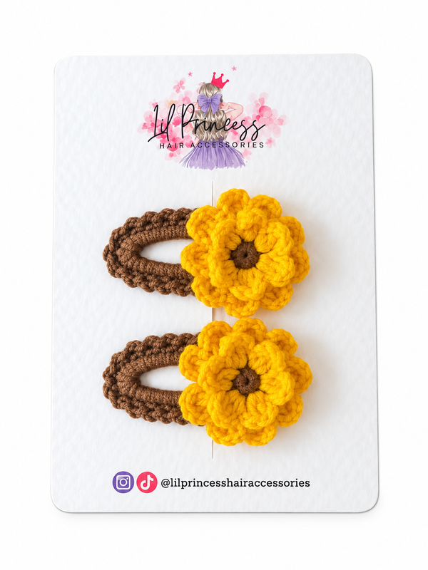 Brown Crochet Sunflower Hair Clips shown together