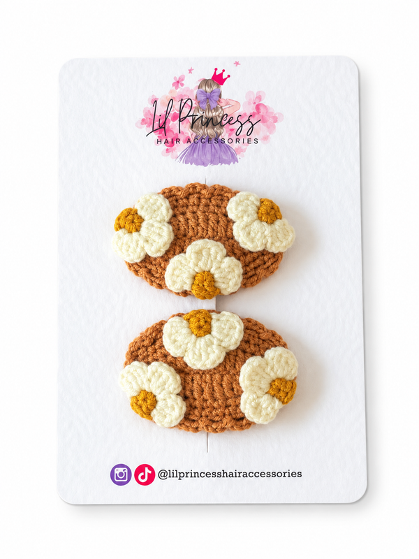 Caramel Crochet Daisy Hair Clips shown together