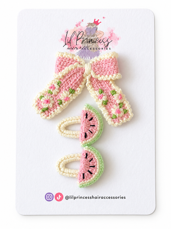 Pink Floral Bow and Watermelon Hair Clip Set - 3 Pieces