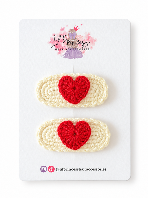 Cream Crochet Hair Clips with Red Hearts shown together