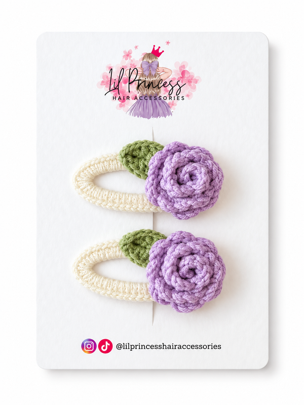 Purple version of Crochet Rose Hair Clips in Yellow or Purple shown together