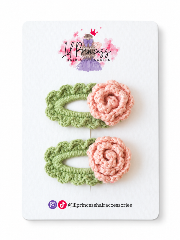 Pink version of Green Crochet Rose Hair Clips in Red or Pink shown together