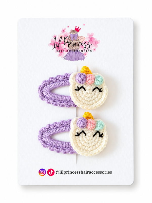 Purple Crochet Unicorn Hair Clips shown together