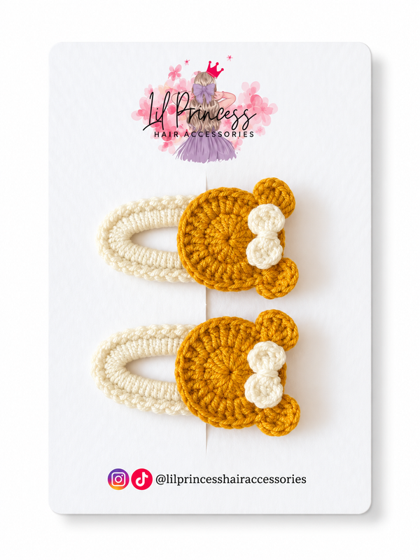 Crochet Bear Hair Clips with Cream Bows shown together