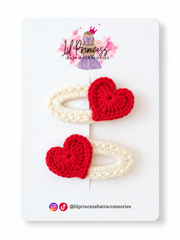 Red Heart Crochet Hair Clips on Cream Bases shown together