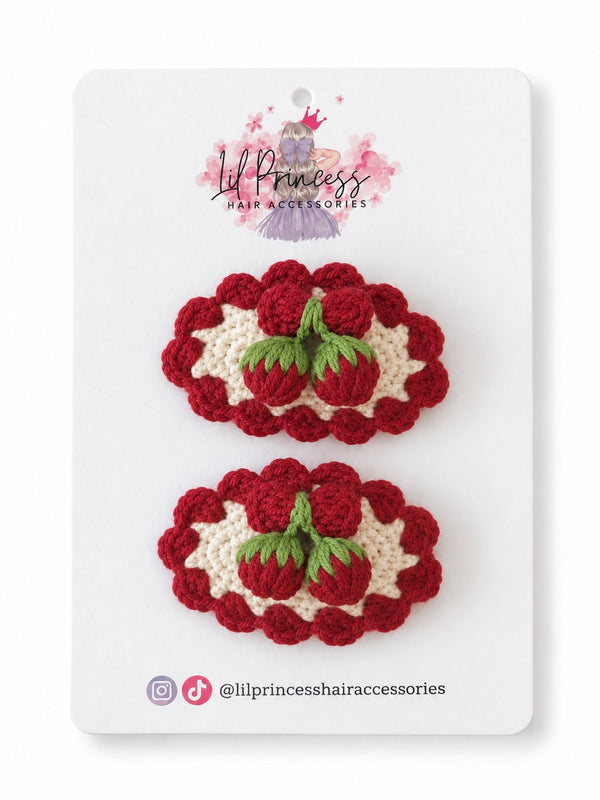 Burgundy Cherry Crochet Hair Clip shown together