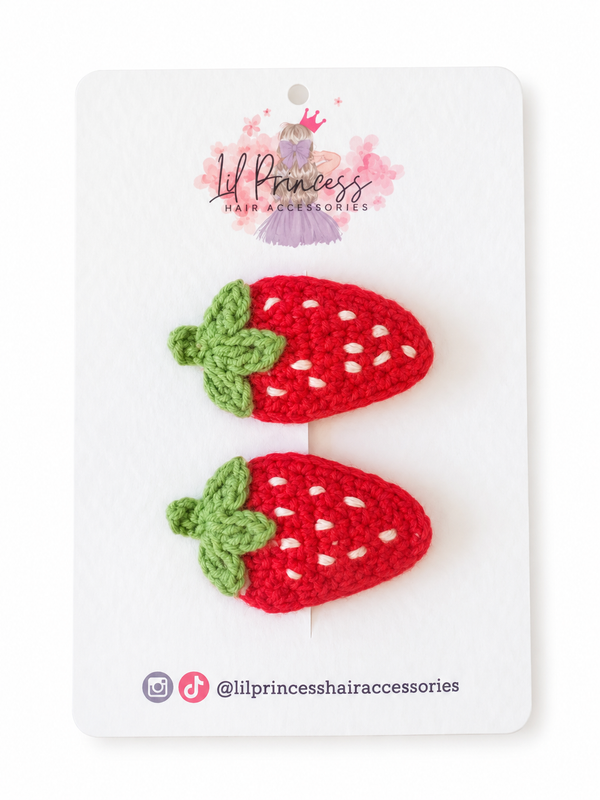 Red Strawberry Crochet Hair Clips shown together