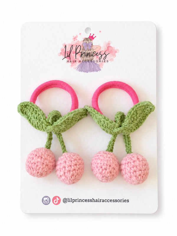 Pink Cherry Crochet Hair Tie shown together