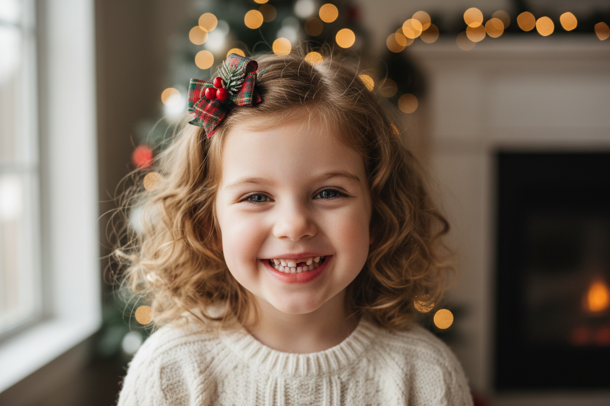 A little girl wearing a Christmas hair bow in her hair. It should be a small hair bow 